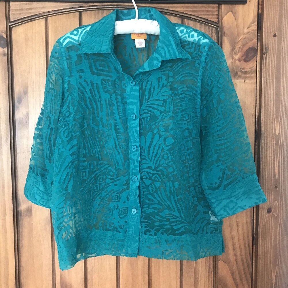 Ruby Rd Burnout Button Down Blouse Top Green Semi-Sheer Whimsgoth Petite SZ 10P